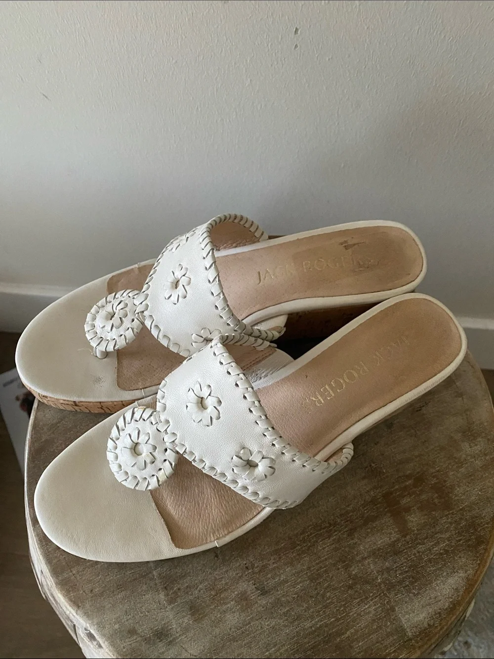 Jack Rogers White Leather Cork Thong Platform Sandals with Floral Stitching 7
